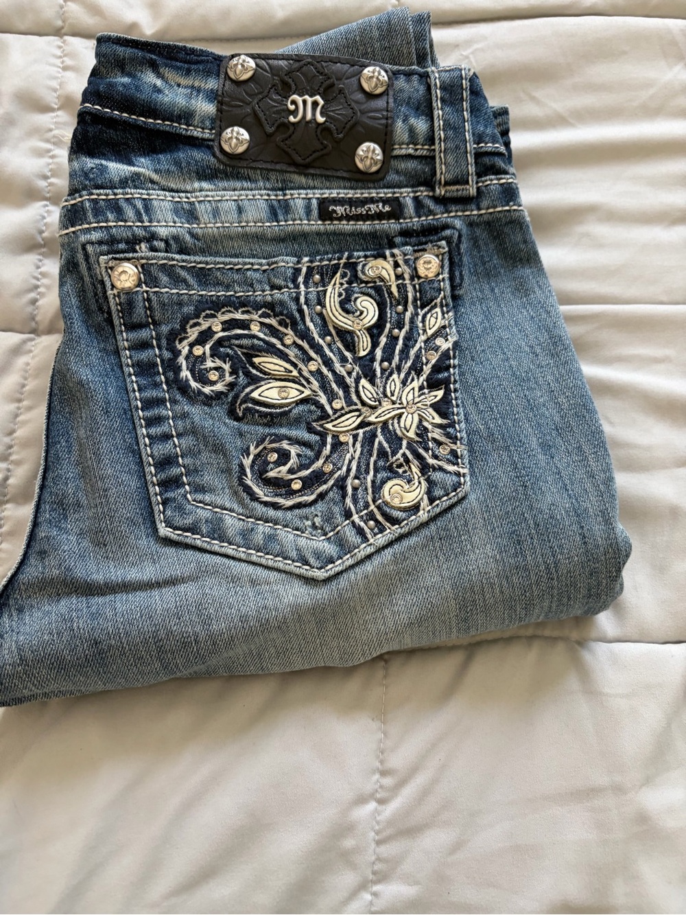 Miss Me Blue Bootcut Jeans with Cream Embroidery